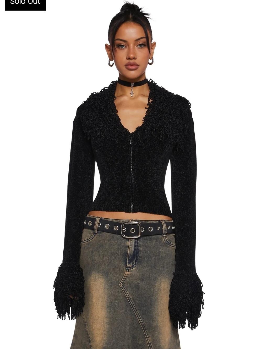 dELiA*s Dolls Kill Black Zip-Front Sweater with Fringe Cuffs